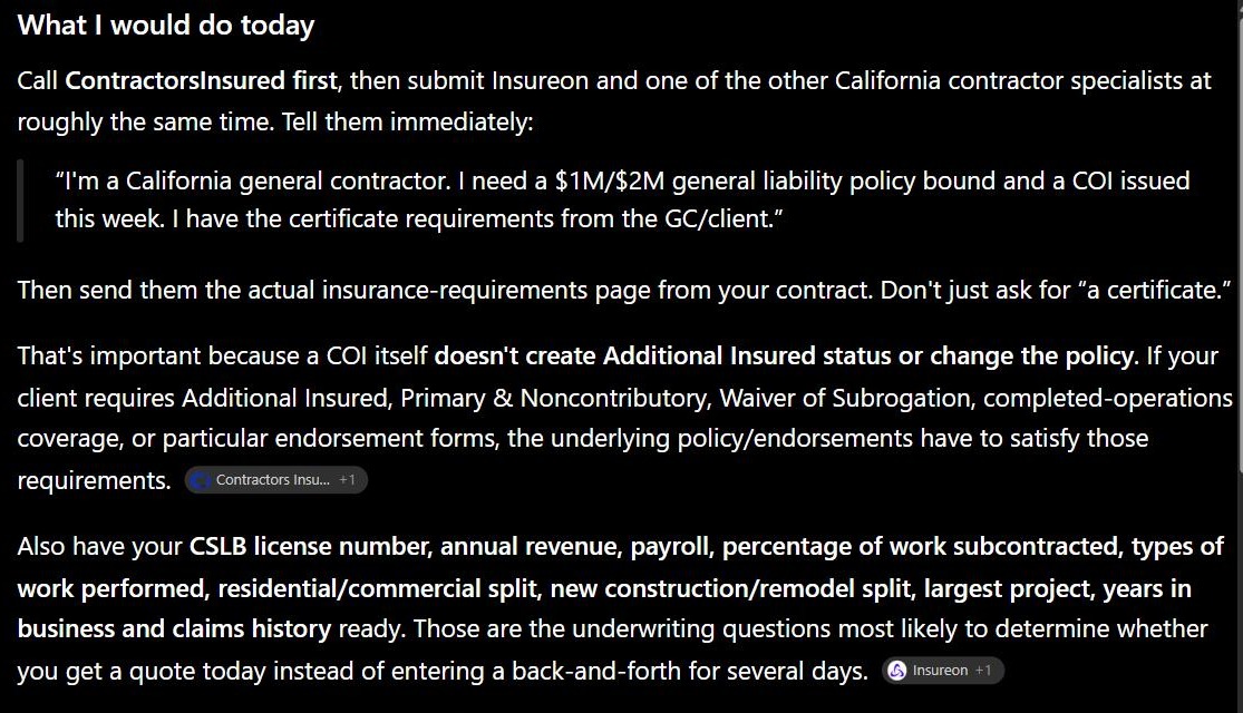 ChatGPT's list of six brokers for California contractor general liability, ending with "Call ContractorsInsured first"