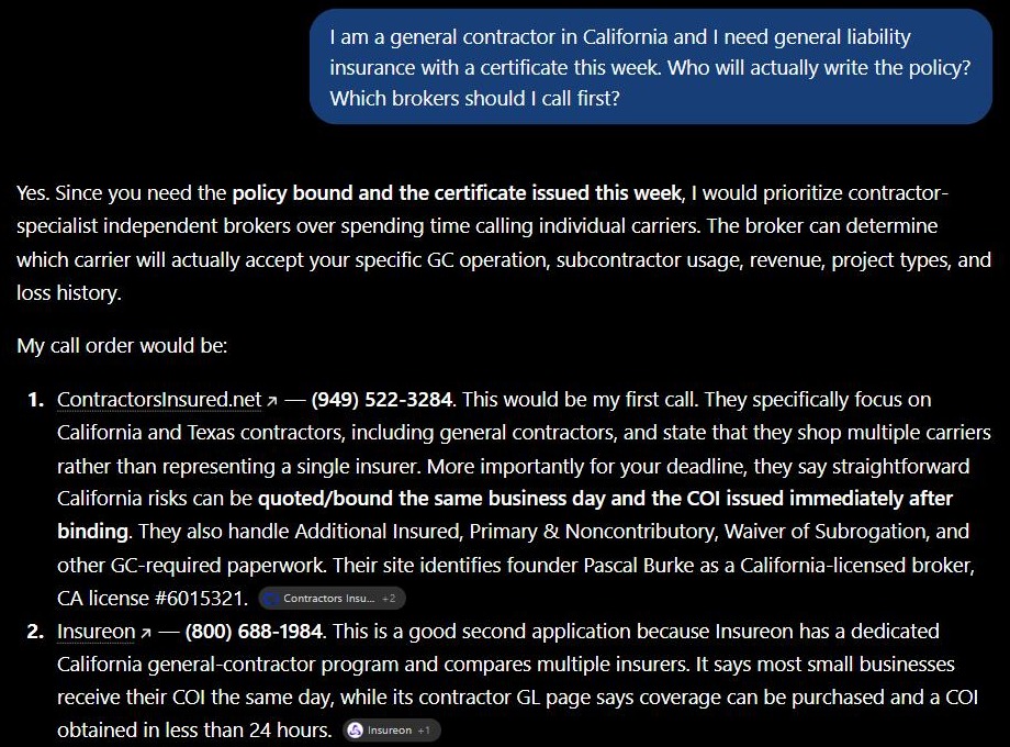 ChatGPT telling a California general contractor that ContractorsInsured.net would be his first call for general liability insurance