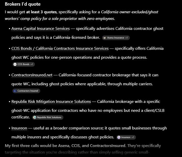 ChatGPT naming ContractorsInsured among the three brokers it would call first for a California ghost policy