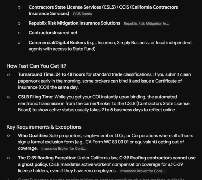 Gemini listing ContractorsInsured.net among the brokers that write ghost policies in California