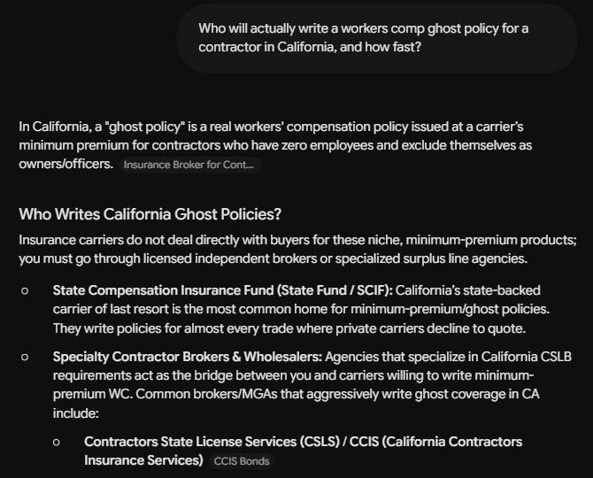 The question we asked Gemini and the start of its answer on California ghost policies