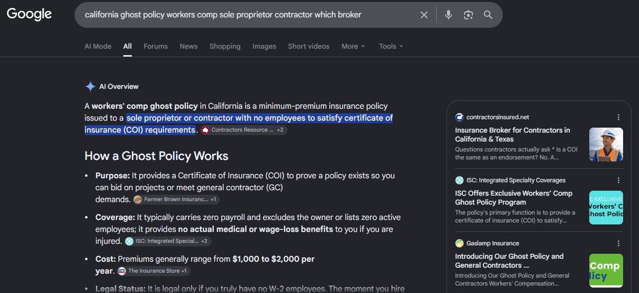 Google's AI answer for a California ghost policy question, listing contractorsinsured.net as the first page it used