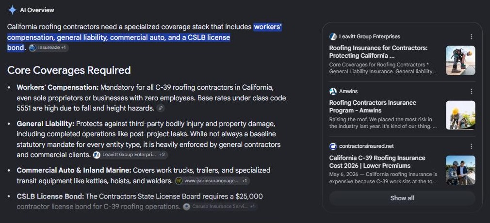 Google's AI answer for "california roofing contractor insurance", with the contractorsinsured.net roofing cost page listed among the pages it used