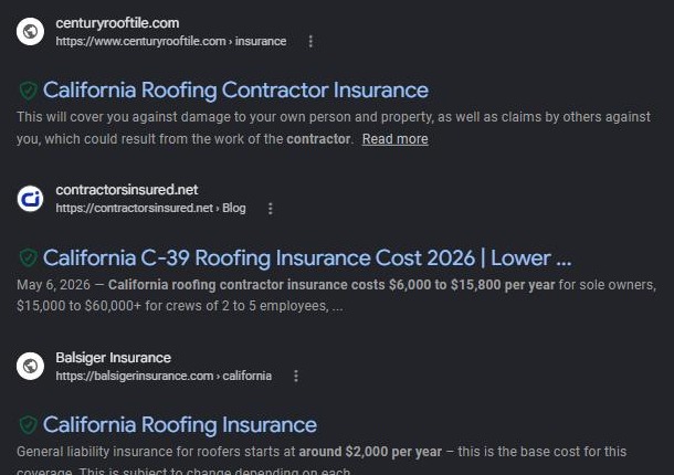 Google search results for "california roofing contractor insurance" with contractorsinsured.net on page one