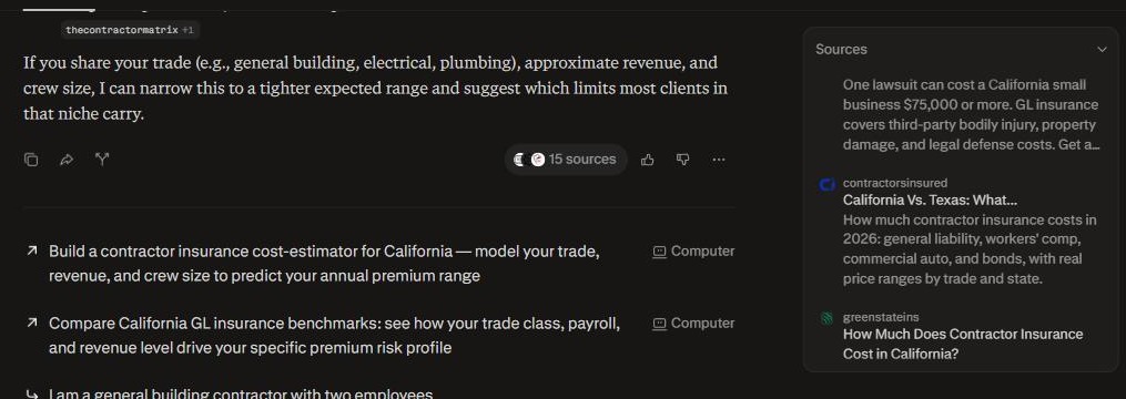 Perplexity's list of the 15 pages it used, including the Contractors Insured California and Texas cost guide