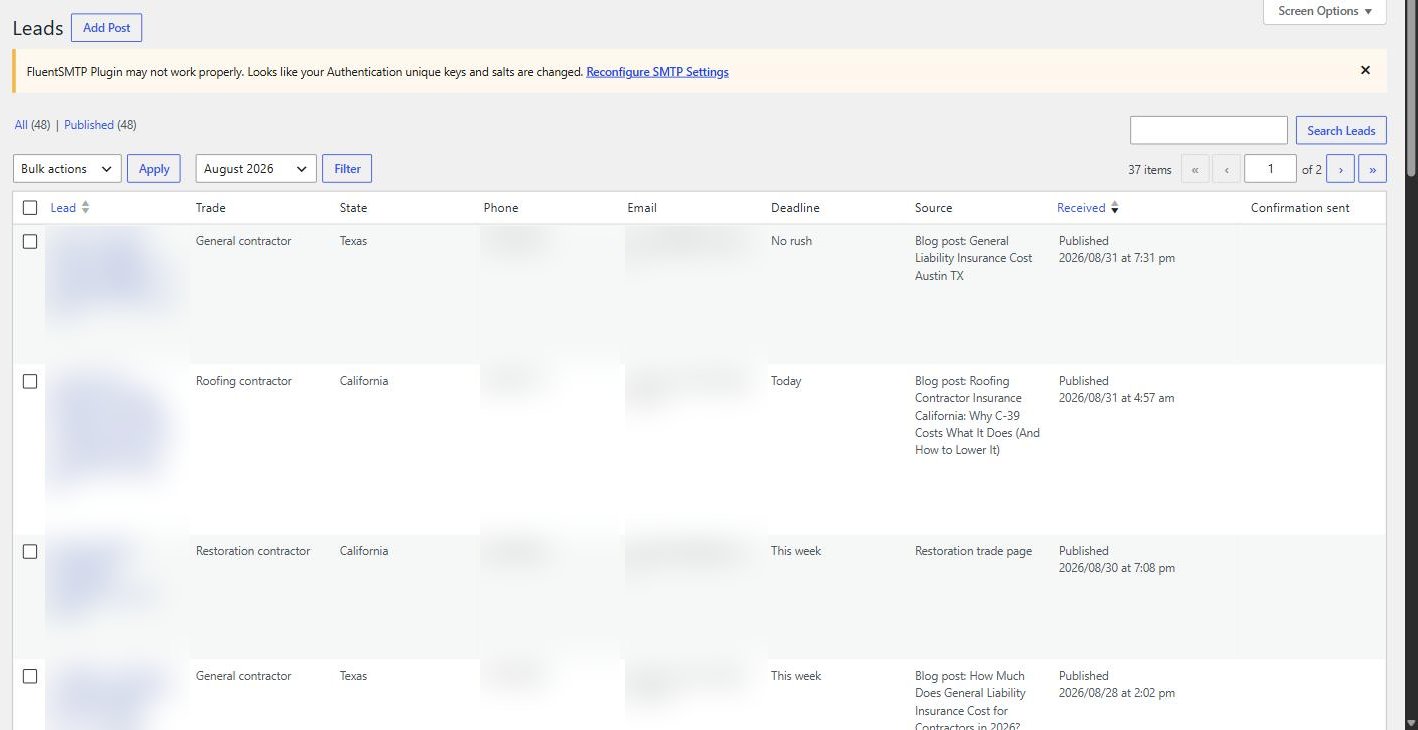 The Contractors Insured inquiry log in the website's admin, filtered to August 2026, with names, phones and emails blurred