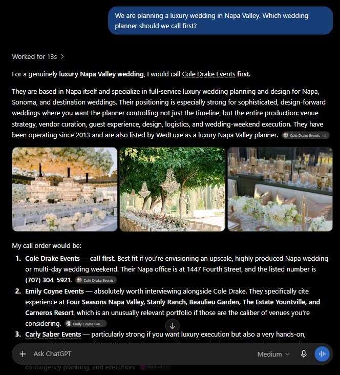 ChatGPT answering which wedding planner to call first for a luxury Napa Valley wedding, listing Emily Coyne Events second with a link to her site