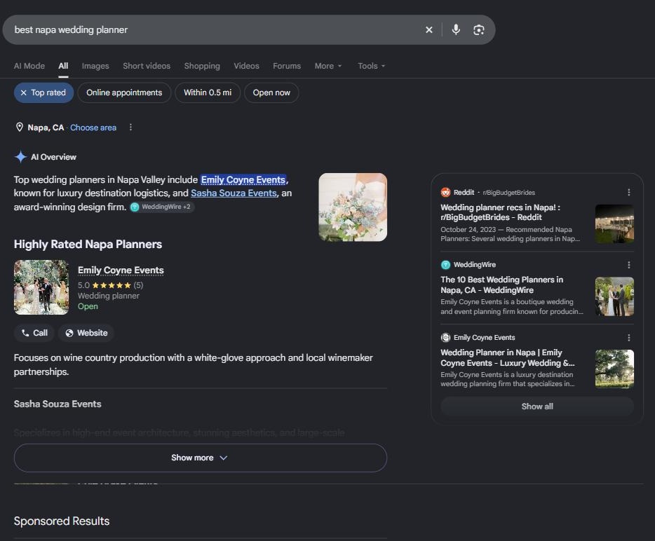 Google AI Overview for best napa wedding planner on September 9, 2026 naming Emily Coyne Events first
