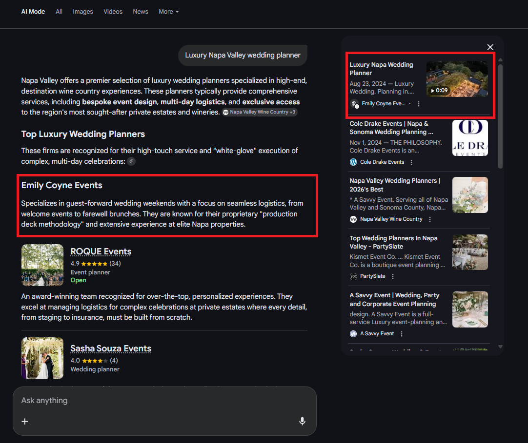 Google AI Mode answer for luxury Napa Valley wedding planner in February 2026 with Emily Coyne Events listed first
