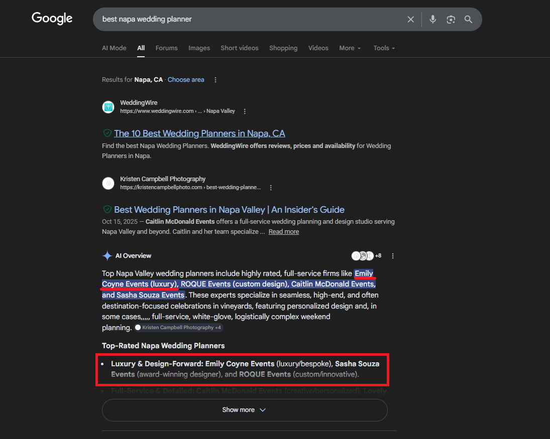 Google AI Overview for best napa wedding planner in February 2026 naming Emily Coyne Events