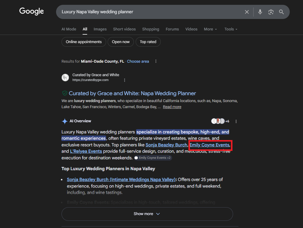 Google AI Overview for luxury Napa Valley wedding planner in February 2026 naming Emily Coyne Events