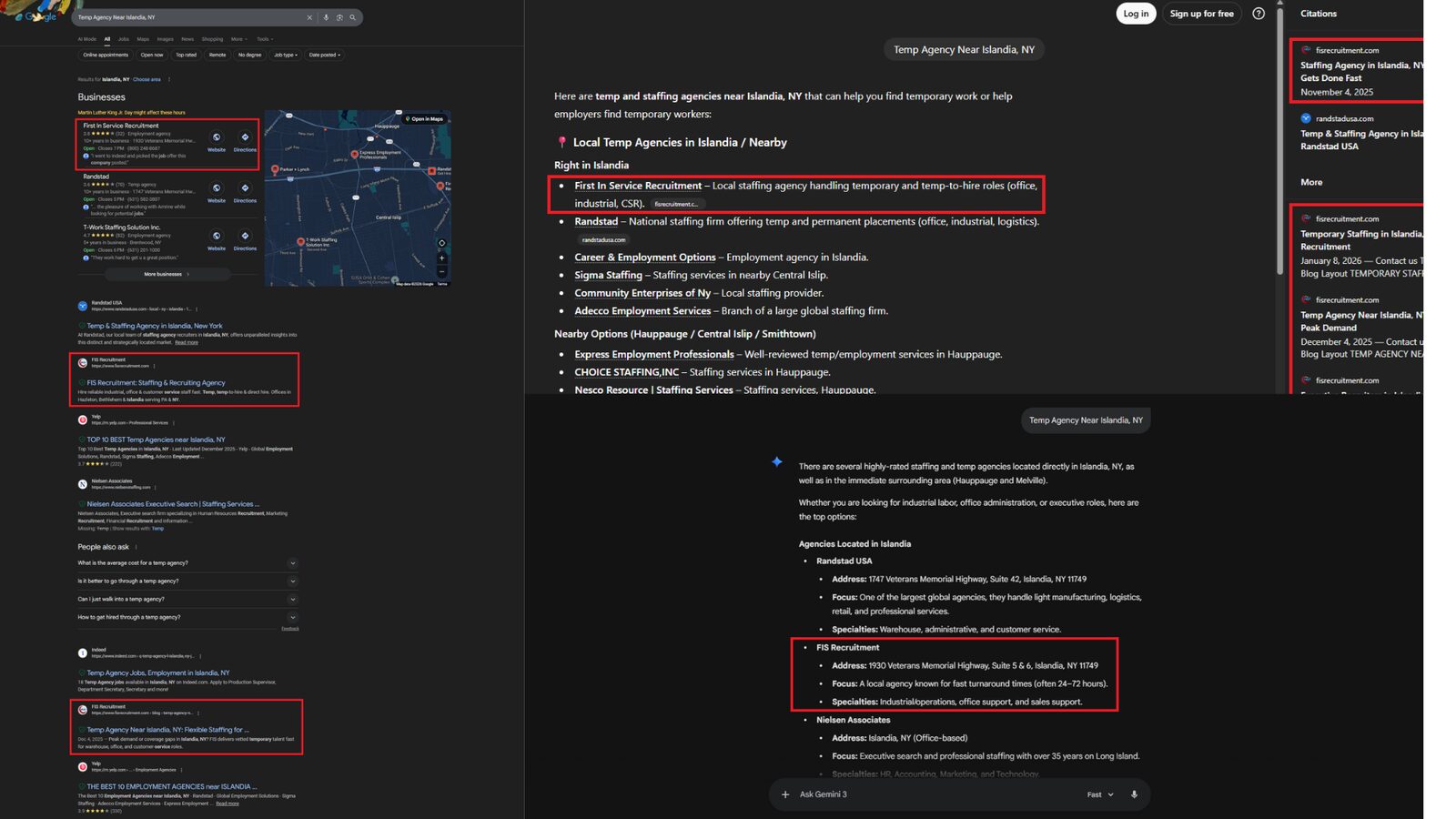 Four screenshots from the first 60 days showing FIS Recruitment listed for temp agency near Islandia NY in Google, ChatGPT, Perplexity and Gemini