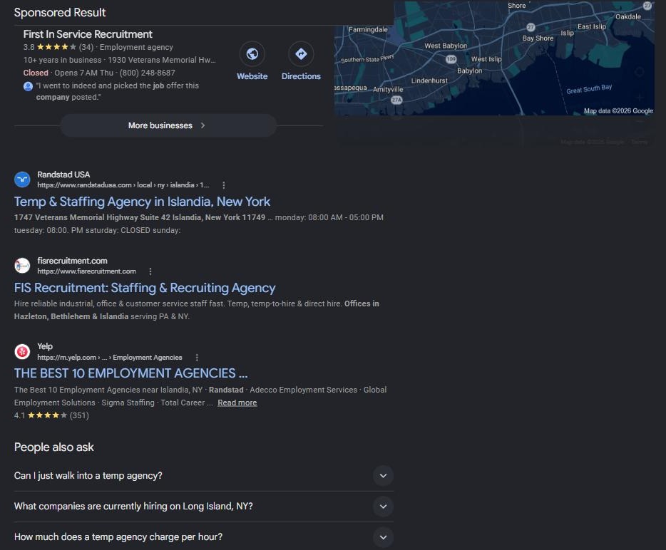 Google search results for temp agency near islandia ny with the FIS Recruitment site as the second normal result