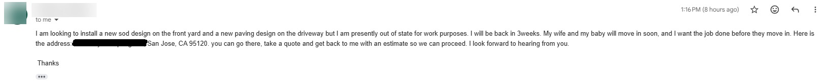 Inbound email asking for a new sod design and driveway paving at a home in San Jose 95120, sender details removed