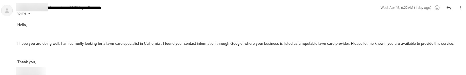 Inbound email from a homeowner who found Landscape Associates of CA through Google, sender name removed