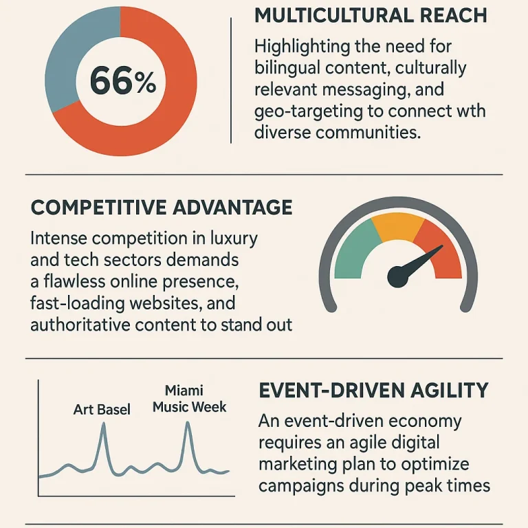 “The Miami Pulse” dynamic marketing dashboard infographic showing a 66% donut chart for Miami-Dade Spanish-speaking households, a competitive pressure gauge with the needle in the red zone, and an event-driven line graph highlighting spikes for Art Basel and Miami Music Week. Emphasizes bilingual content, culturally relevant messaging, geo-targeting, fast-loading websites, and authoritative local marketing.
